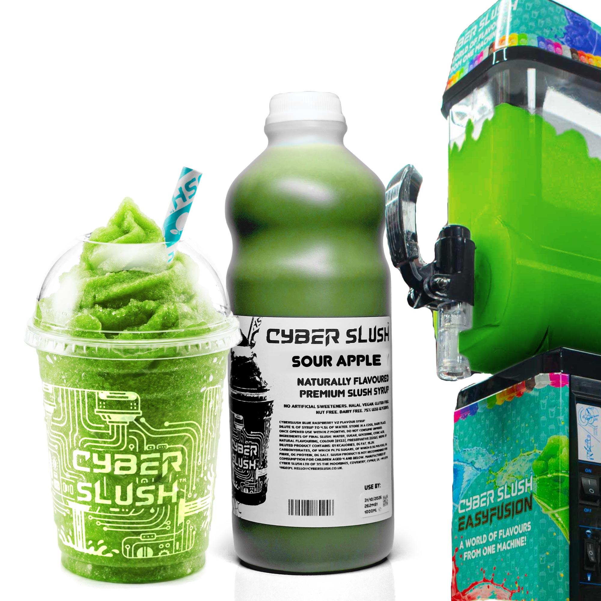 CyberSlush Sour Apple Slush Syrup 1L - Glycerol-Free, Naturally Flavoured, Vegan, Gluten-Free, Alcohol-Free - for Home Slush Machines Ideal for Ninja® Slushi Machines